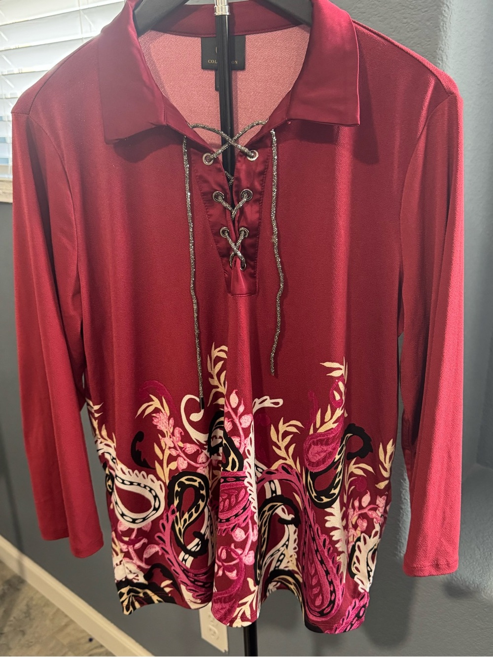JM Collection Burgundy Lace-Up top with Paisley Hem